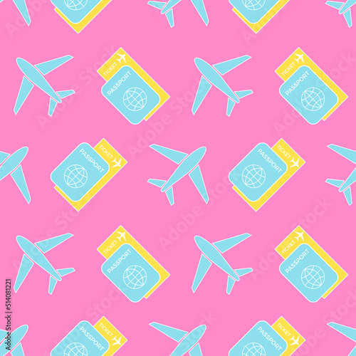 Seamless pattern with aeroplane and ticket, passport. Traveling icons in pop art color. Travel background in flat design. Design for print on fabric,  wrapping paper, packaging. Vector illustration