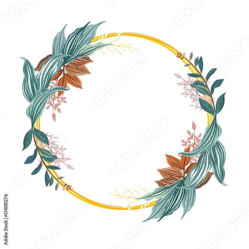 A round wreath of wild autumn flower, white, small flower, topical green leaves and autumn and fall color leaves, flat vector hand drawn image.