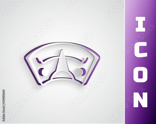 Paper cut Motor gas gauge icon isolated on grey background. Empty fuel meter. Full tank indication. Paper art style. Vector