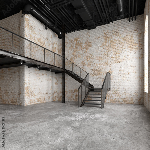 Slika na platnu Empty room loft style with brick wall.3d rendering