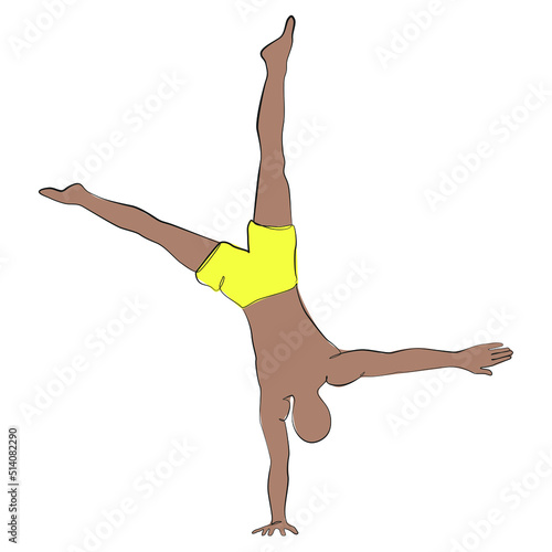 Yoga man one line drawing on white isolated background. Handstand vector illustration