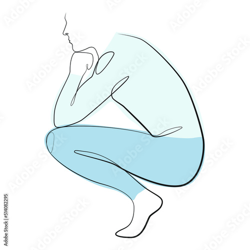 Man squatting sideways one line drawing on white isolated background. Vector illustration