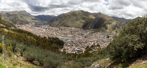 HUANCAVELICA, PERU - JUNE 29, 2022: Panoramic view on a sunny day of the capital city of the department of Huancavelica.