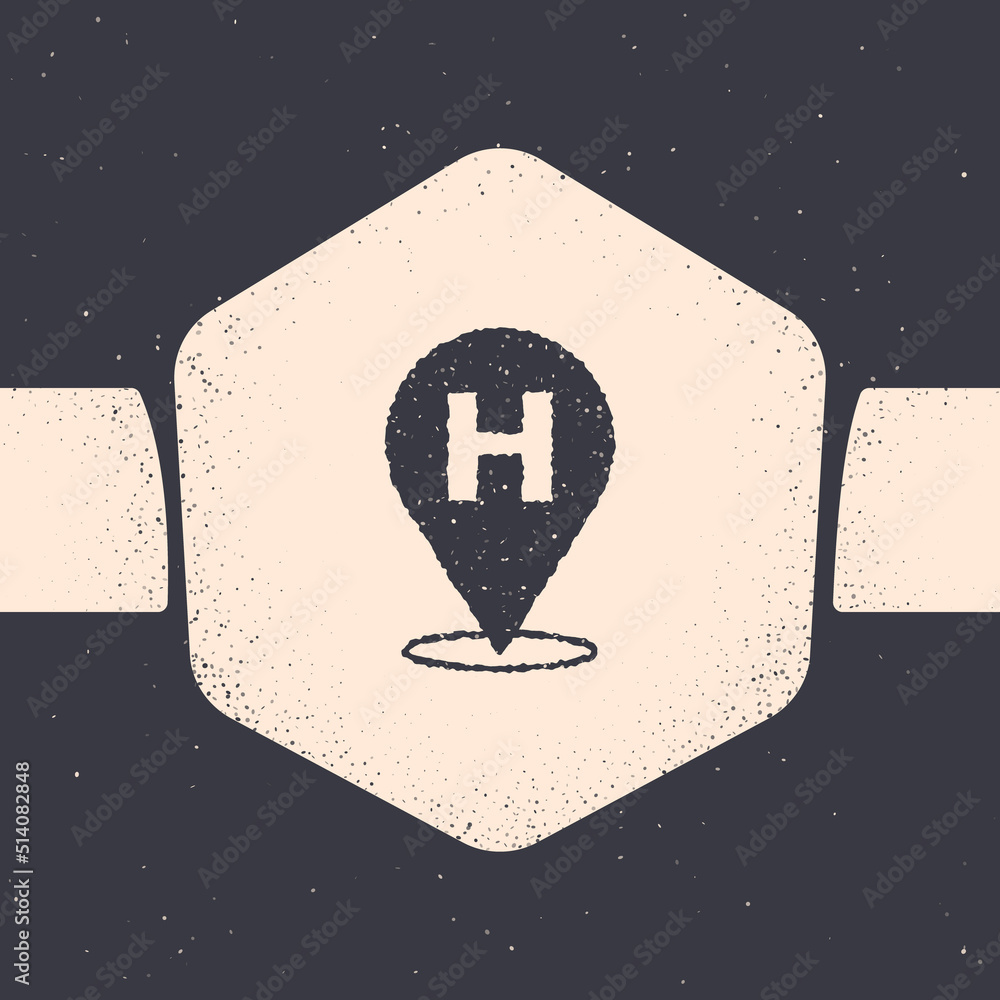 Grunge Medical map pointer with cross hospital icon isolated on grey background. Monochrome vintage drawing. Vector Grunge Medical map pointer with cross hospital icon isolated on grey background. Monochrome vintage drawing. Vector
