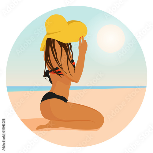 Beautiful young tanned girl in a bikini. vector illustration of summer holidays. sunbathes on the beach, girl sitting on the beach. Useful for summer vacations, resorts, hotels, and beaches.