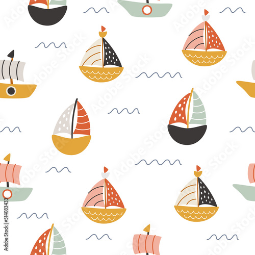 Cute baby sea boats on a seamless pattern. Vector print for fabric or wrapper
