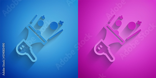 Paper cut Female movement, feminist activist with banner and placards icon isolated on blue and purple background. Feminist rights movement, feminism sisterhood. Paper art style. Vector