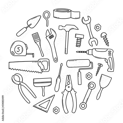 Hand drawn set of construction tools doodle Different working and building tools in sketch style. Saw, hammer, wrench, screw, drill. Vector illustration isolated on white background.
