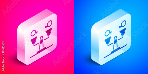 Isometric Gender equality icon isolated on pink and blue background. Equal pay and opportunity business concept. Silver square button. Vector
