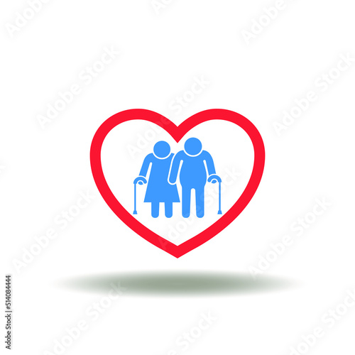 Vector illustration of heart with old couple senior. Symbol of elderly health care. Icon of Long Term Care Insurance Medical Service.