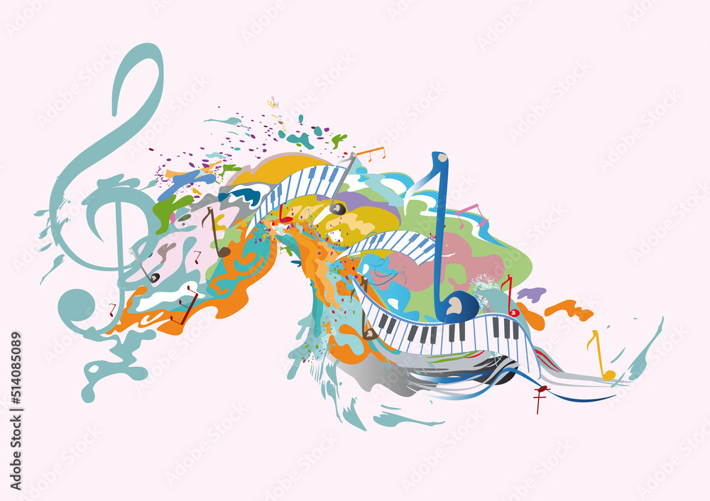 Obraz premium Abstract musical design with a treble clef and sights. Colorful splashes and waves. Hand drawn vector illustration.