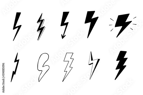 Lighting bolt set symbol in doodle style power simple abstract sign collection isolated on white background. Web, hipster