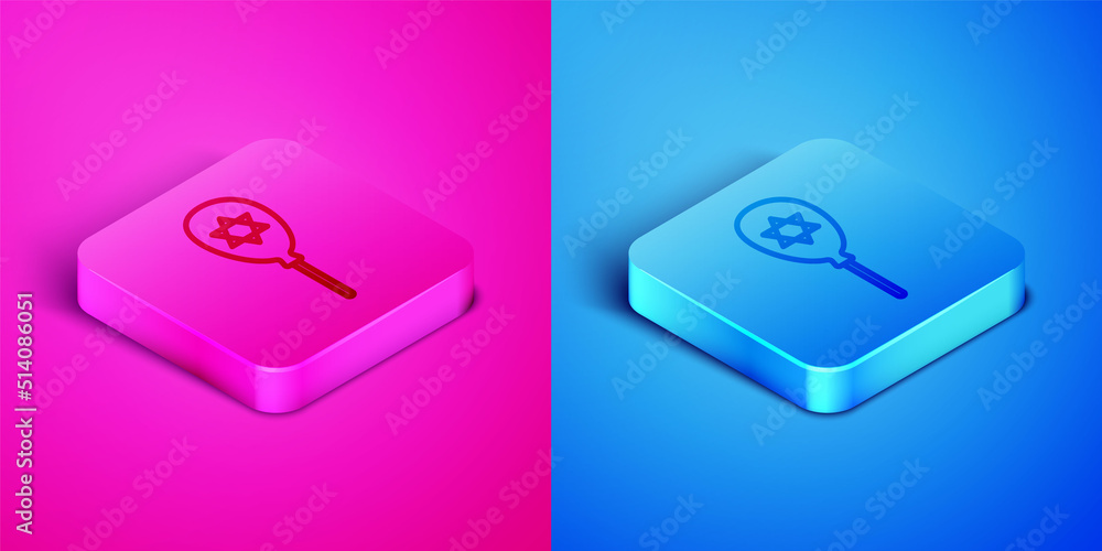 Isometric line Balloons with ribbon with star of david icon isolated on pink and blue background. Balloon with israel flag. Square button. Vector Isometric line Balloons with ribbon with star of david icon isolated on pink and blue background. Balloon with israel flag. Square button. Vector
