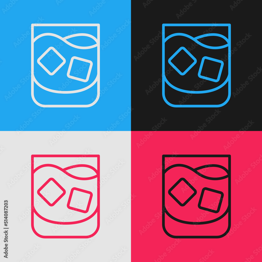 Pop art line Glass of whiskey and ice cubes icon isolated on color background. Vector Pop art line Glass of whiskey and ice cubes icon isolated on color background. Vector