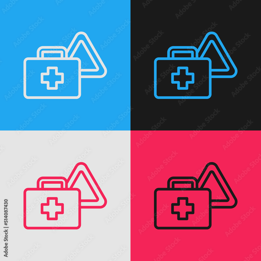 Pop art line First aid kit and warning triangle icon isolated on color background. Must be in the car. Vector Pop art line First aid kit and warning triangle icon isolated on color background. Must be in the car. Vector
