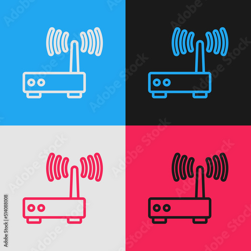 Pop art line Router and wi-fi signal icon isolated on color background. Wireless ethernet modem router. Computer technology internet. Vector