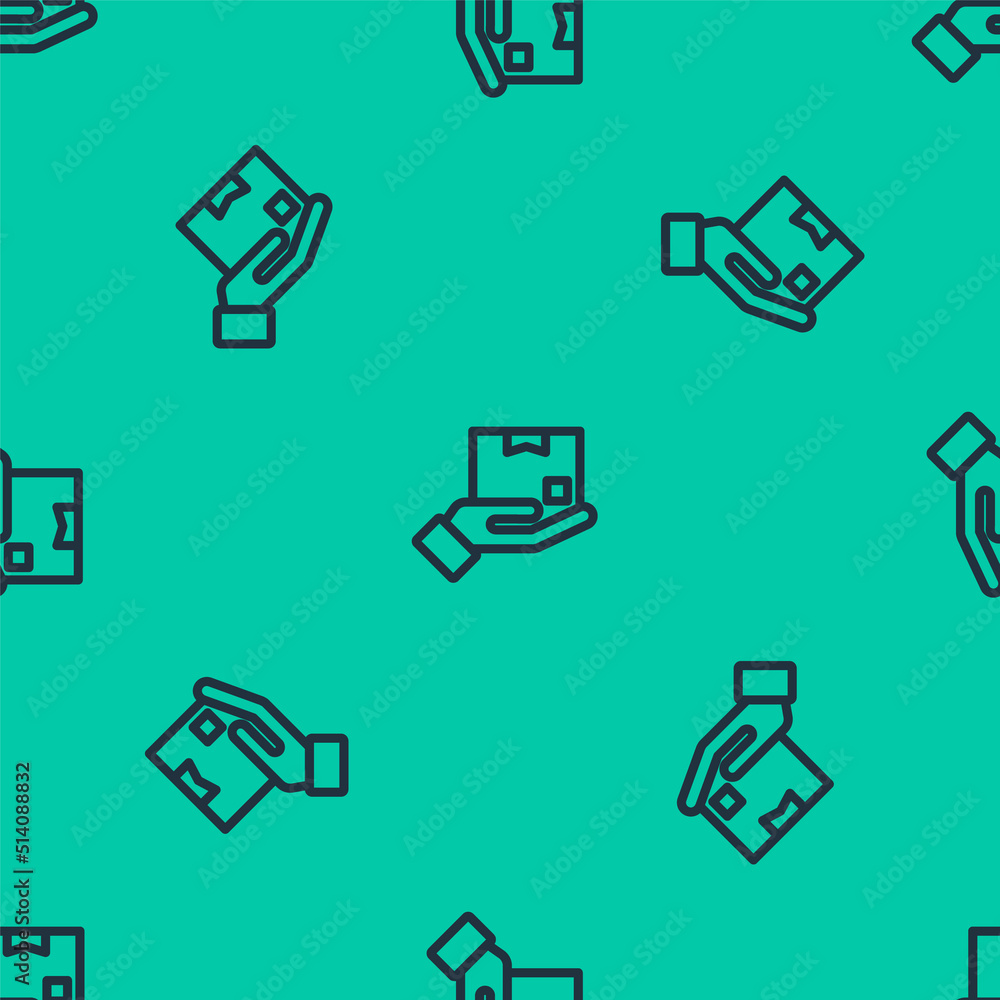 Blue line Delivery hand with cardboard boxes icon isolated seamless pattern on green background. Door to door delivery by courier. Vector Blue line Delivery hand with cardboard boxes icon isolated seamless pattern on green background. Door to door delivery by courier. Vector