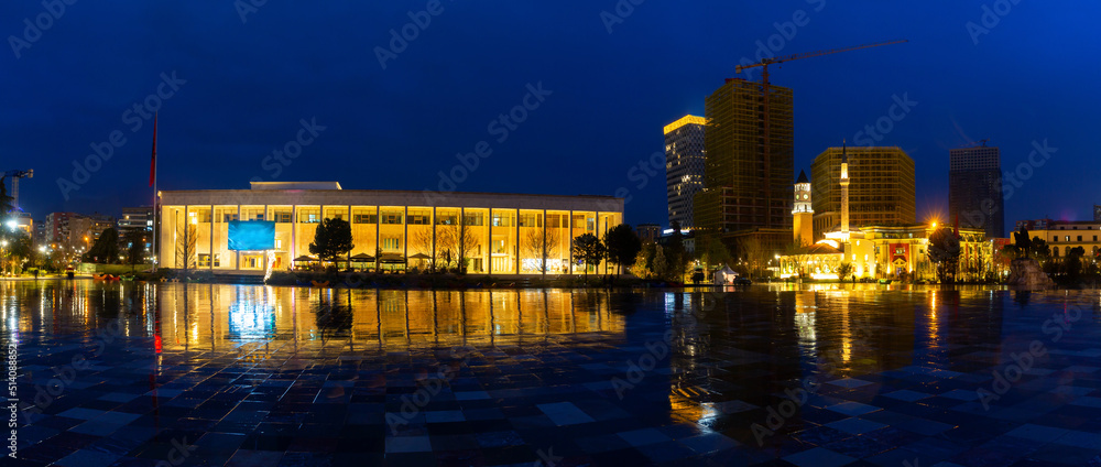 Evening landscape with a view of the National Opera and Ballet Theater of Albania, located in the city center on Skanderbeg .Square in Tirana