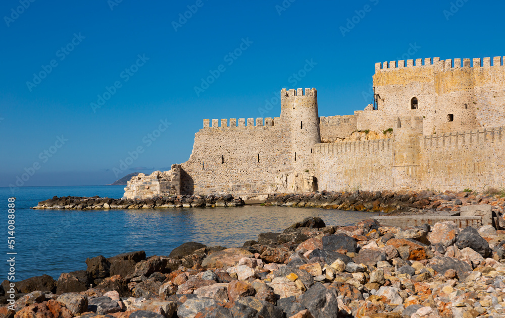 Tower and walls of Mamure kalesi, Mersin Province, Turkey. Castle on Mediterranean coast.