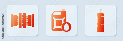 Set Canister for motor machine oil, Industry metallic pipes and valve and Industrial gas cylinder tank. White square button. Vector