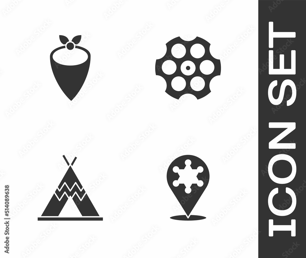 Set Hexagram sheriff, Cowboy bandana, Indian teepee or wigwam and Revolver cylinder icon. Vector Set Hexagram sheriff, Cowboy bandana, Indian teepee or wigwam and Revolver cylinder icon. Vector