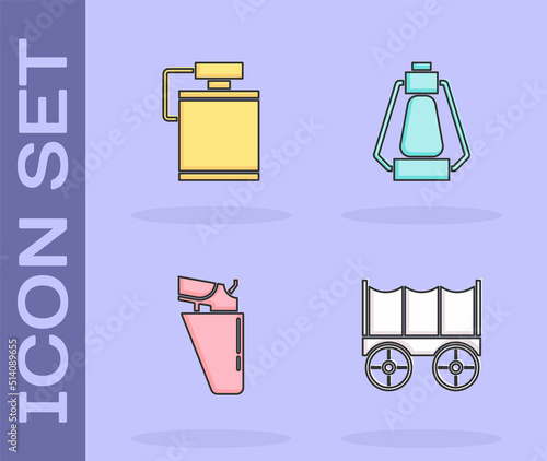 Set Wild west covered wagon, Canteen water bottle, Revolver gun in holster and Camping lantern icon. Vector