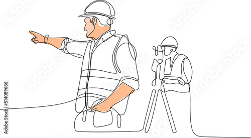 Close up of young Caucasian worker with helmet on head using tablet for work while standing in warehouse. Surveyor with a tripod icon. Geodesic tripod. Vector illustration