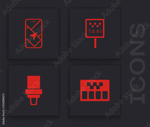 Set Taximeter, City map navigation, Road sign for taxi stand and Safety belt icon. Vector