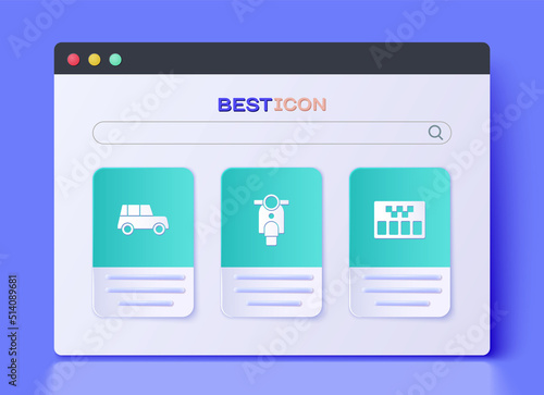 Set Scooter, Car and Taximeter icon. Vector