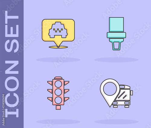Set Location with bus, taxi, Traffic light and Safety belt icon. Vector