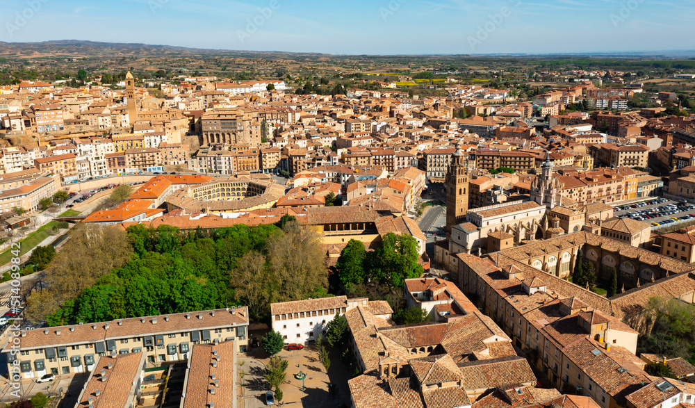 Aerial photo of Tarazona with view of residential buildings with tiled rooftops. Aragon, Spain.