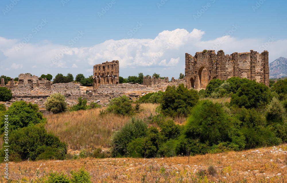 Ruins of the Nymphaeum and Bazilika of ancient city Aspendos. Turkey