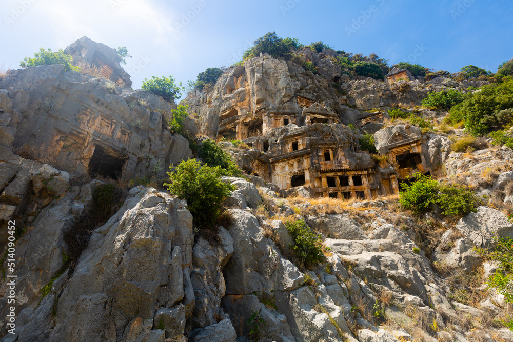 Ancient Lycian stone tombs carved into the rocks in the city of Myra and located on the outskirts of the Turkish city of Demre