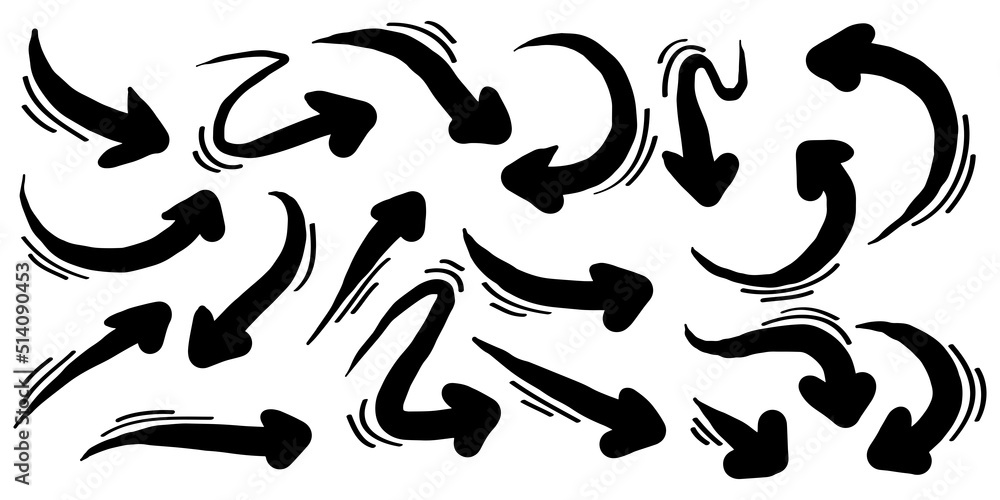 hand drawn Black Arrows icons Set. arrow icon with various directions. Doodle vector illustration. isolated on a white background. hand drawn Black Arrows icons Set. arrow icon with various directions. Doodle vector illustration. isolated on a white background.