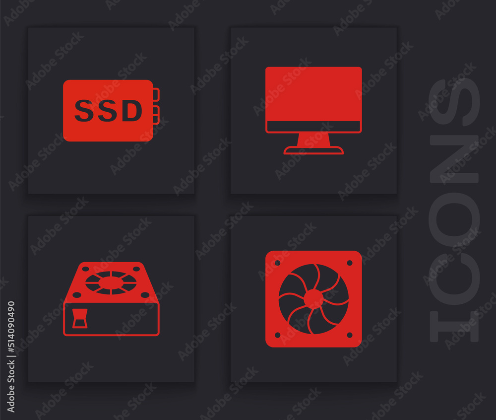 Set Computer cooler, SSD card, monitor screen and icon. Vector Set Computer cooler, SSD card, monitor screen and icon. Vector