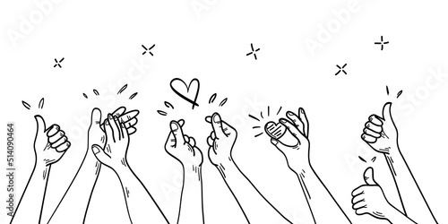 Doodle hands up. hands clapping. Concept of charity and donation. Give and share your love to people. hands gesture on hand drawn style. vector illustration