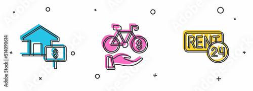 Set House with dollar, Bicycle rental mobile app and Rent icon. Vector
