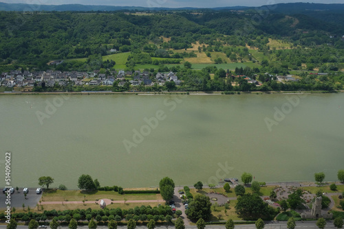 Aerial view of the mighty Rhine River from Marskburg Castle in Braubach, a well-preserved fortress in the Rhineland-Palatinate district of Germany.