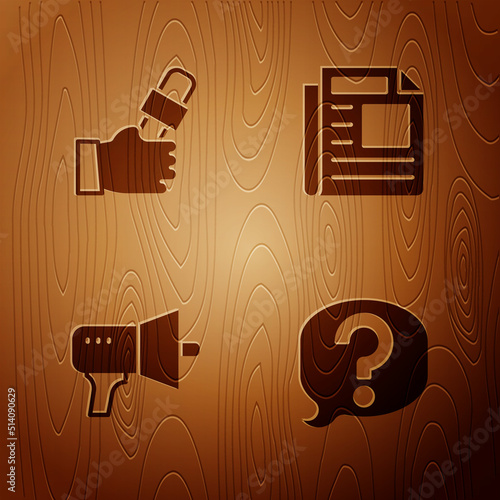 Set Speech bubble chat, Journalist news, Megaphone and News on wooden background. Vector