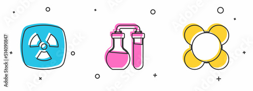 Set Radioactive, Test tube and Molecule icon. Vector