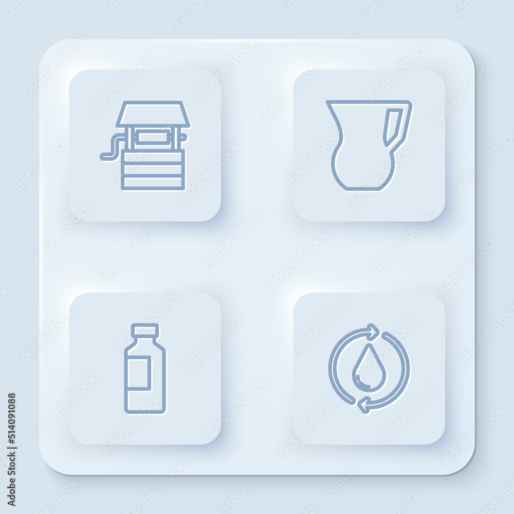 Set line Well with bucket, Jug glass water, Bottle of and Recycle clean aqua. White square button. Vector Set line Well with bucket, Jug glass water, Bottle of and Recycle clean aqua. White square button. Vector