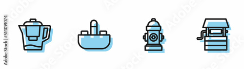 Set line Fire hydrant, Water jug with filter, Washbasin water tap and Well bucket icon. Vector