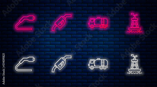 Set line Gasoline pump nozzle, Tanker truck, Electrical cable plug charging and Oil rig. Glowing neon icon on brick wall. Vector