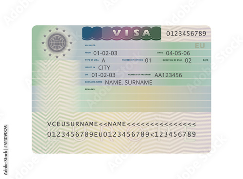 Europe tourist schengen visa sticker template isolated on a white background. Travel visa document. Vector illustration. European Union