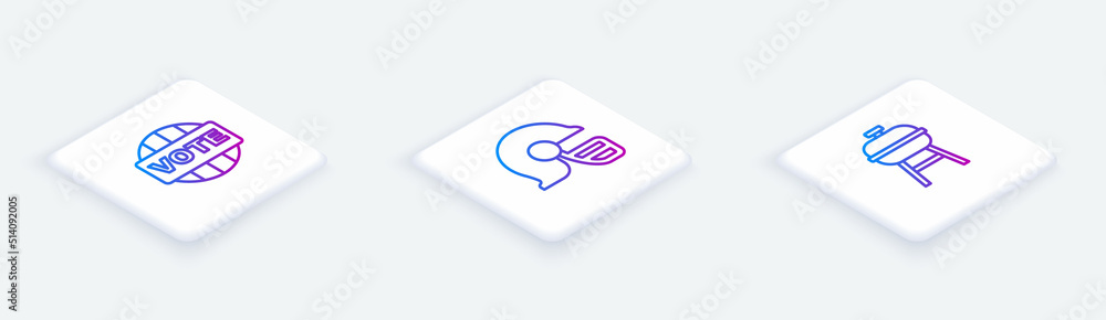 Set Isometric line Vote, American football helmet and Barbecue grill. White square button. Vector Set Isometric line Vote, American football helmet and Barbecue grill. White square button. Vector