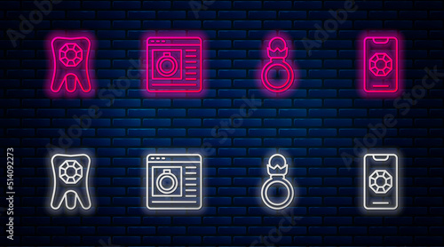 Set line Jewelry online shopping, Diamond engagement ring, Tooth with diamond and . Glowing neon icon on brick wall. Vector
