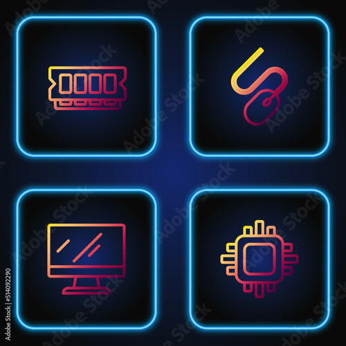 Set line Processor with CPU, Computer monitor screen, RAM, random access memory and mouse. Gradient color icons. Vector