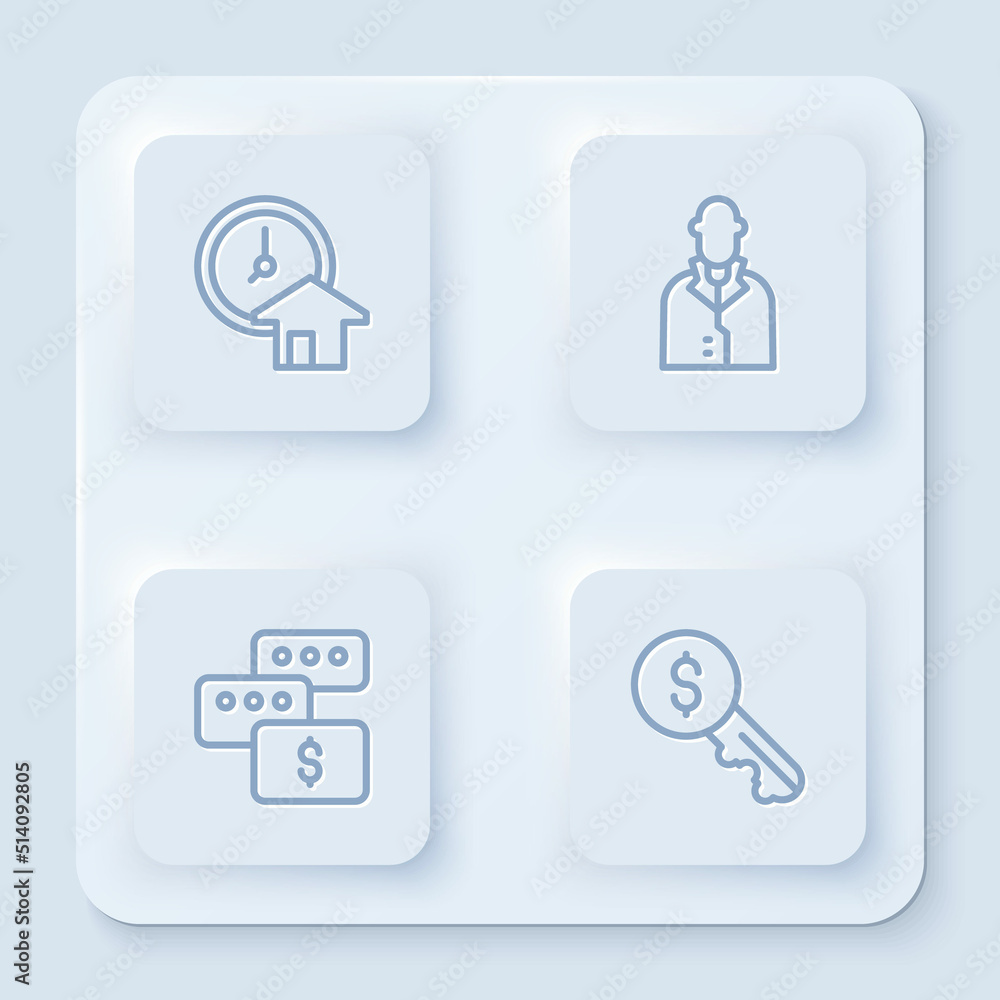Set line Time is money, Realtor, Price negotiation and Rent key. White square button. Vector Set line Time is money, Realtor, Price negotiation and Rent key. White square button. Vector