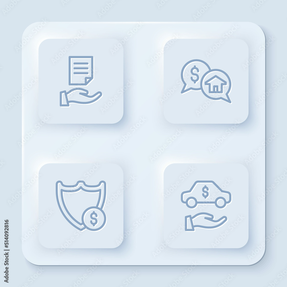 Set line House contract, Price negotiation, Shield with dollar and Car rental. White square button. Vector Set line House contract, Price negotiation, Shield with dollar and Car rental. White square button. Vector