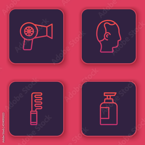 Set line Hair dryer, Hairbrush, Baldness and Bottle of shampoo. Blue square button. Vector